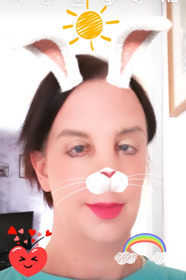 Selfie of Tracy with bunny nose and ear filter