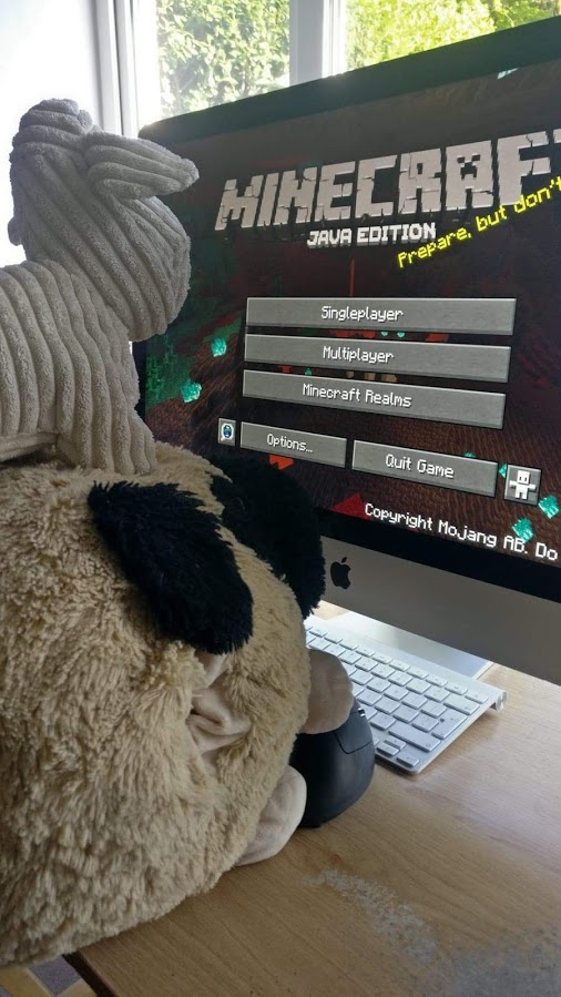 Two of Freddie's soft toys (pups) sitting in front of the computer playing Minecraft